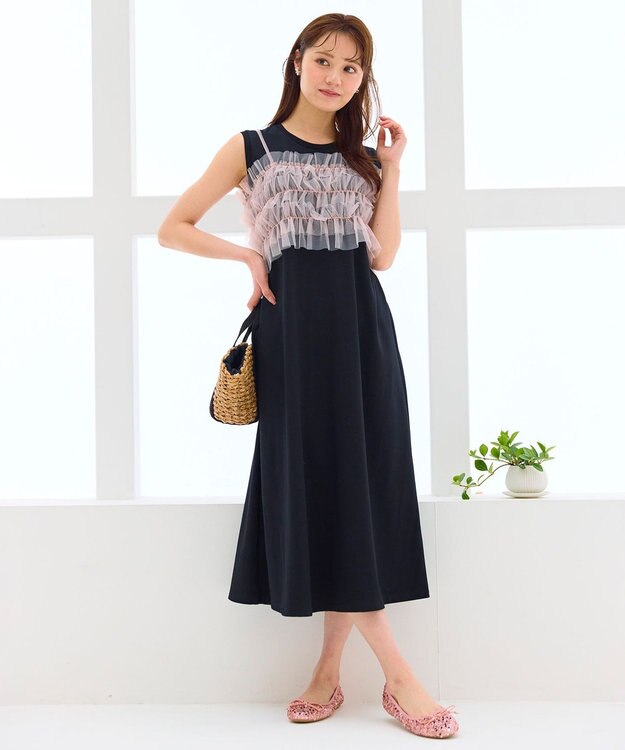 Feroux 【洗える】チュールキャミレイヤード カットソー ワンピース ブラック系