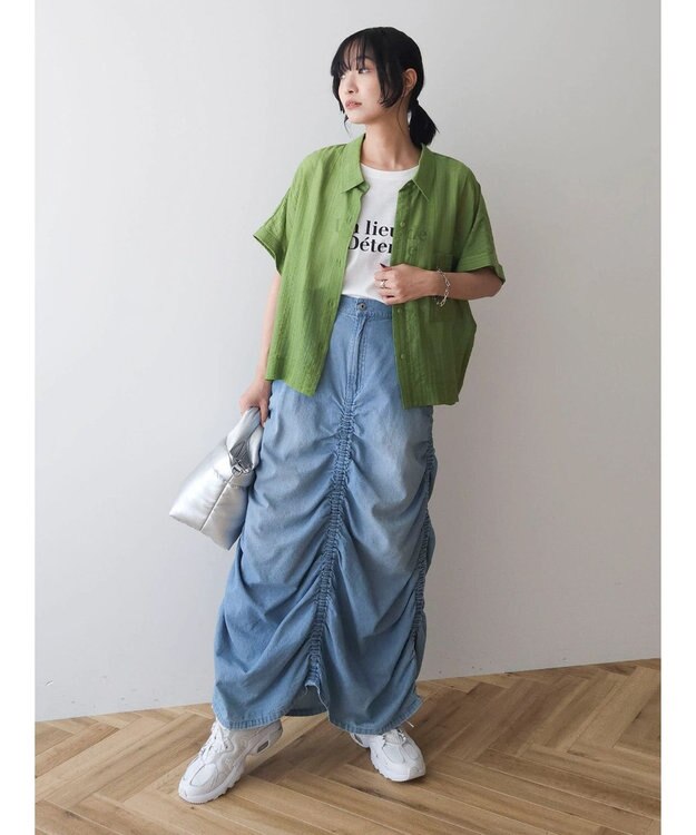 Green Parks シアーストライプショート丈シャツ Green