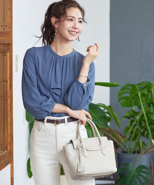 Tiaclasse 【洗える・スマート裏起毛】ジョーゼットフリルブラウス ブルー