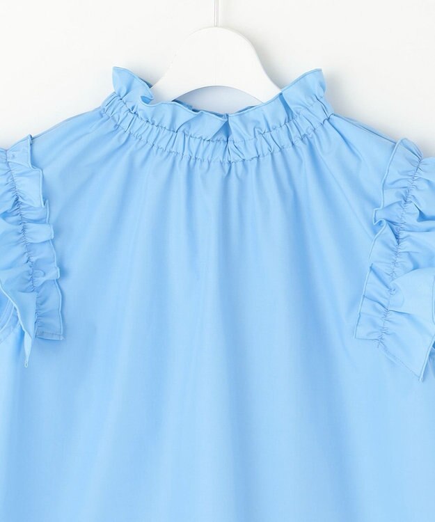 Feroux 【洗える】スタンドカラーフリルスリーブ ブラウス ブルー系