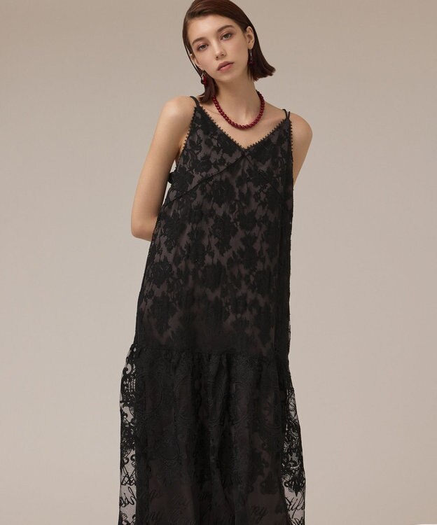 GRACE CONTINENTAL ロゴ刺繍レースワンピース ブラック