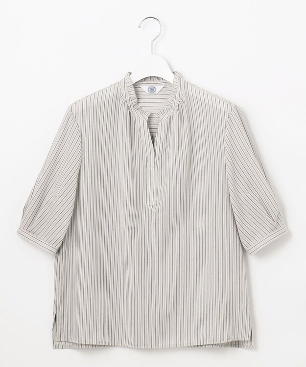 J.PRESS LADIES 【洗える・接触冷感】ドビー強撚ストライプ スキッパー ブラウス グレー×ネイビー系