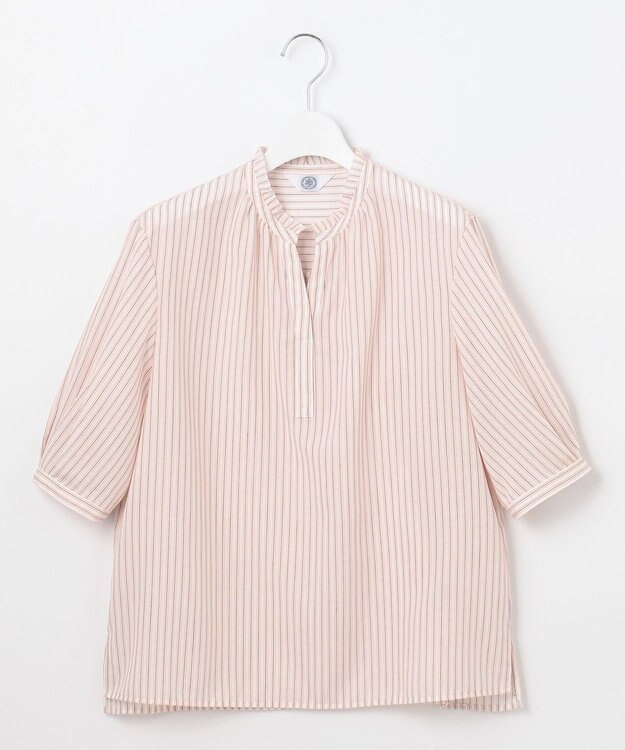 J.PRESS LADIES 【洗える・接触冷感】ドビー強撚ストライプ スキッパー ブラウス オフ×ピンク×ネイビー系