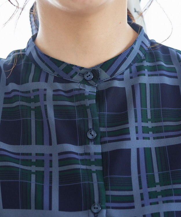 Tiaclasse L 【新色追加・洗える】チェック柄フレア袖シアーワンピース ネイビー