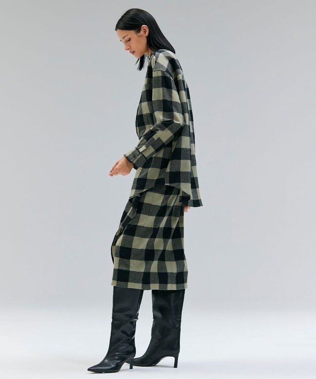 BEIGE， HOBBS / フェイクレザーポケットウールチェックラップスカート L.Khaki × Black