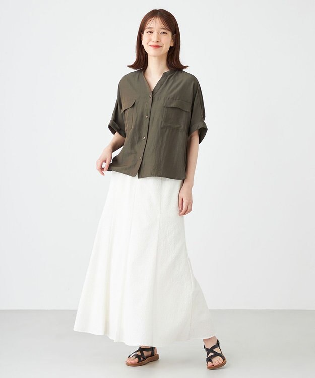 SHARE PARK LADIES 【洗える】ドルマンスリーブサテンシャツ カーキ系