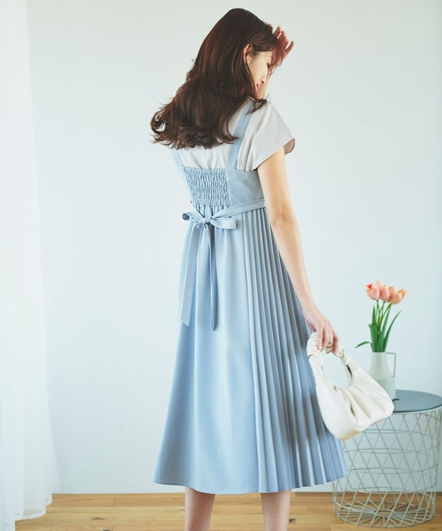 Feroux 【洗える】プリーツコンビ ジャンパースカート スカイブルー系