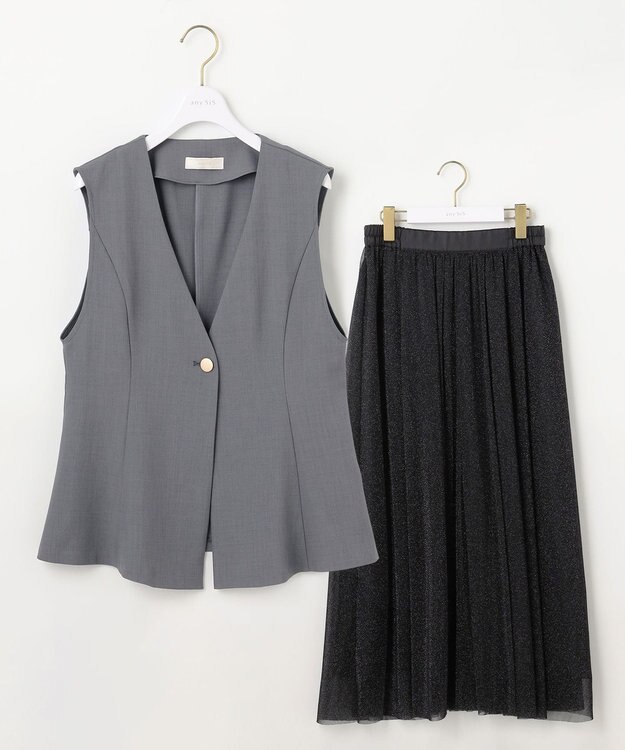 ANY SIS 【スタイリストコラボ】ジレ×ラメチュールスカート セットアップ グレー