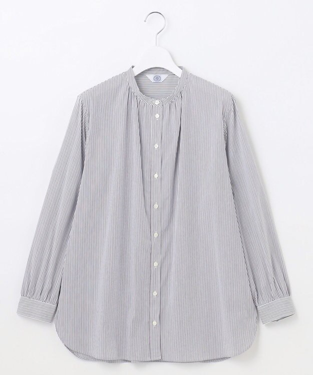 J.PRESS LADIES L 【洗える】BEZ C/Ny ドビーストライプ バンドカラー ブラウス ネイビー系1