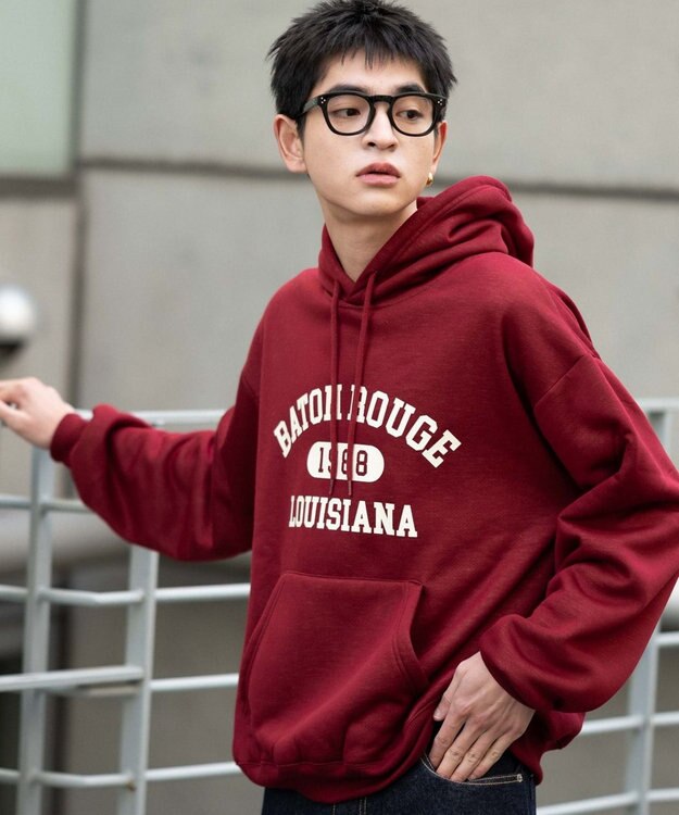 WEGO 【ユニセックス着用ITEM/裏起毛】カレッジロゴボアパーカー ワイン