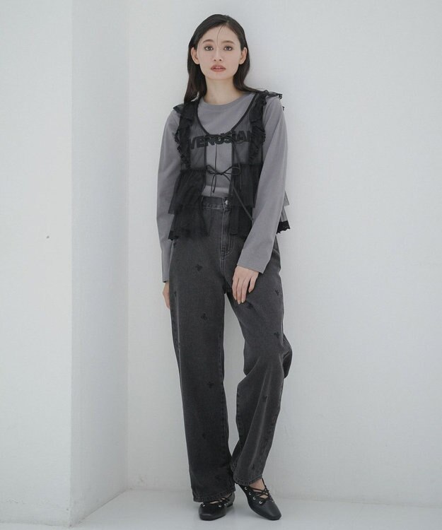 Green Parks ・Ｄｏｕｂｌｅ　Ｆｌａｇｓ　リボン刺繍ストレートデ Black