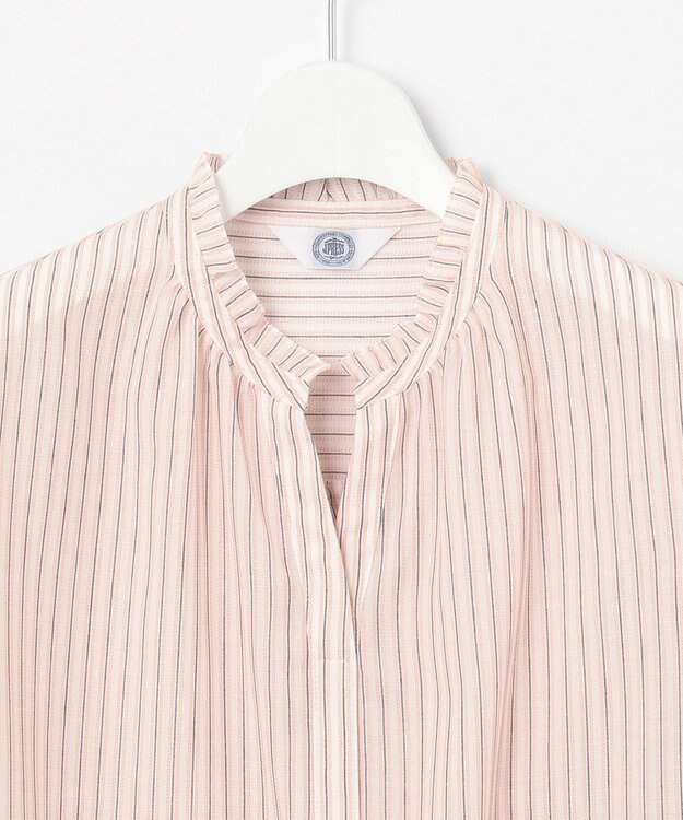 J.PRESS LADIES 【洗える・接触冷感】ドビー強撚ストライプ スキッパー ブラウス オフ×ピンク×ネイビー系