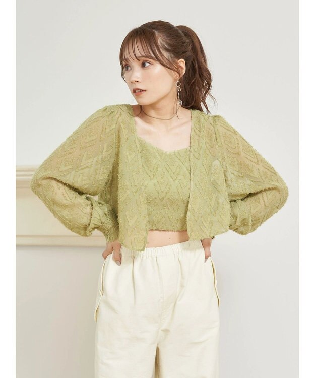 earth music&ecology ＳＥＴ２点カットジャカードカーディガン＋ビスチェ Lime Green