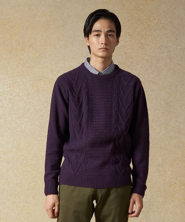 J.PRESS MEN 【Cash Lamb's Wool】ケーブルクルーネック ニット パープル系