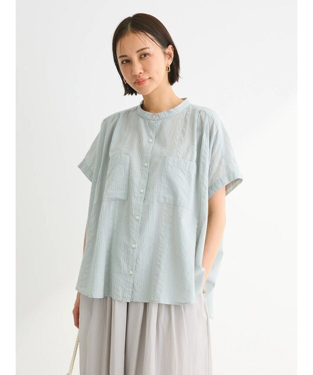 Green Parks インド綿  バンドカラーデザイン５分袖シャツ