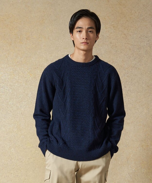 J.PRESS MEN 【Cash Lamb's Wool】ケーブルクルーネック ニット ネイビー系
