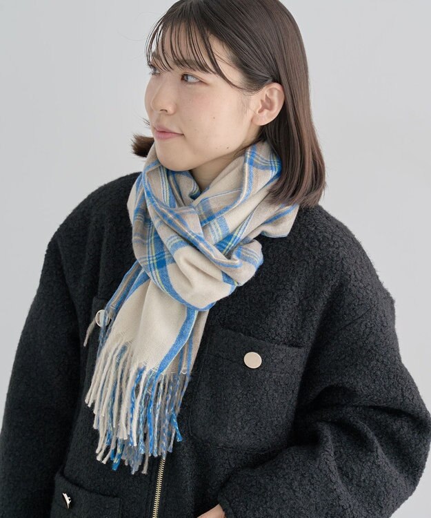 Green Parks カシミヤライクチェックストール Sax