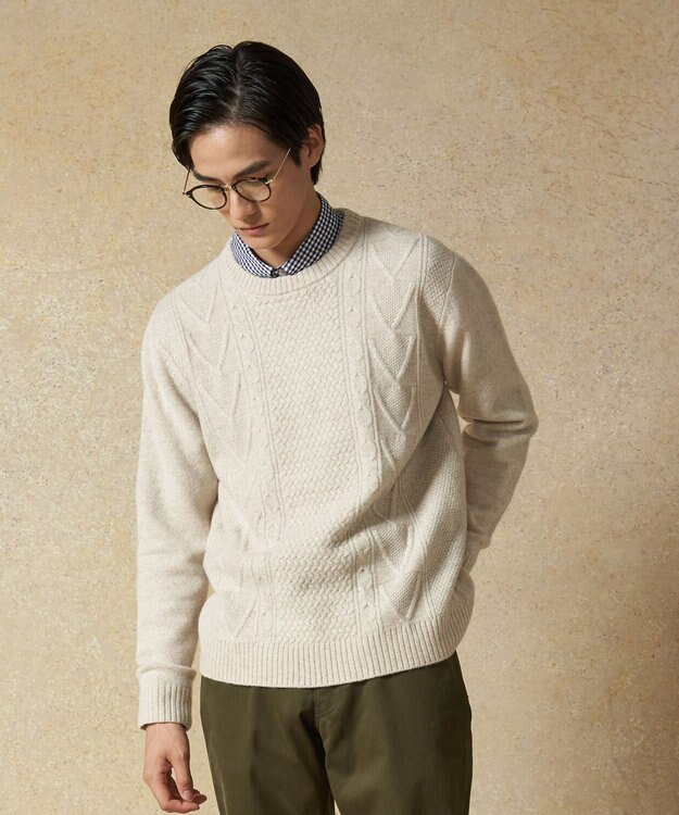 J.PRESS MEN 【Cash Lamb's Wool】ケーブルクルーネック ニット ベージュ系