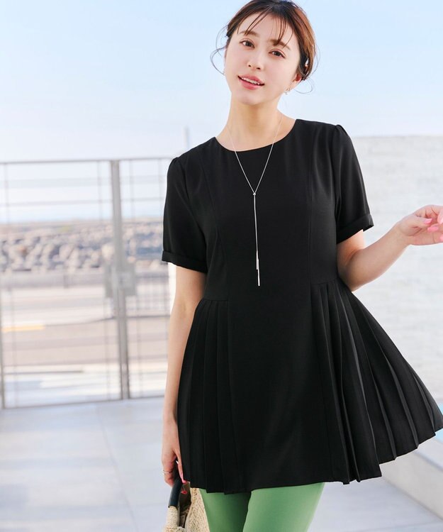 Tiaclasse 【新色追加・洗える】サイドプリーツチュニックブラウス ブラック