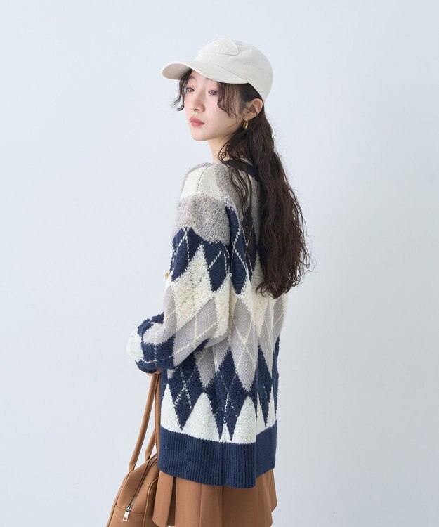 earth music&ecology ループ編みアーガイルカーディガン Navy