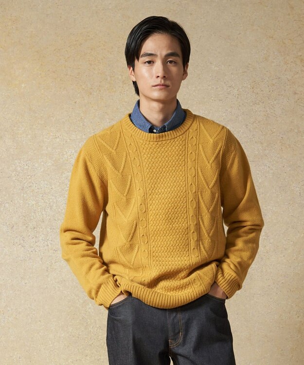 J.PRESS MEN 【Cash Lamb's Wool】ケーブルクルーネック ニット イエロー系
