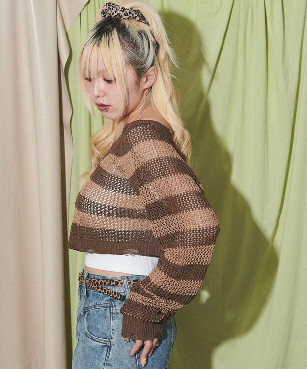 WEGO ダメージボーダーショートニット ブラウン