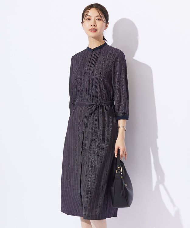 J.PRESS LADIES L 【洗える】ドットデシンプリント ピンタック ワンピース ネイビー系