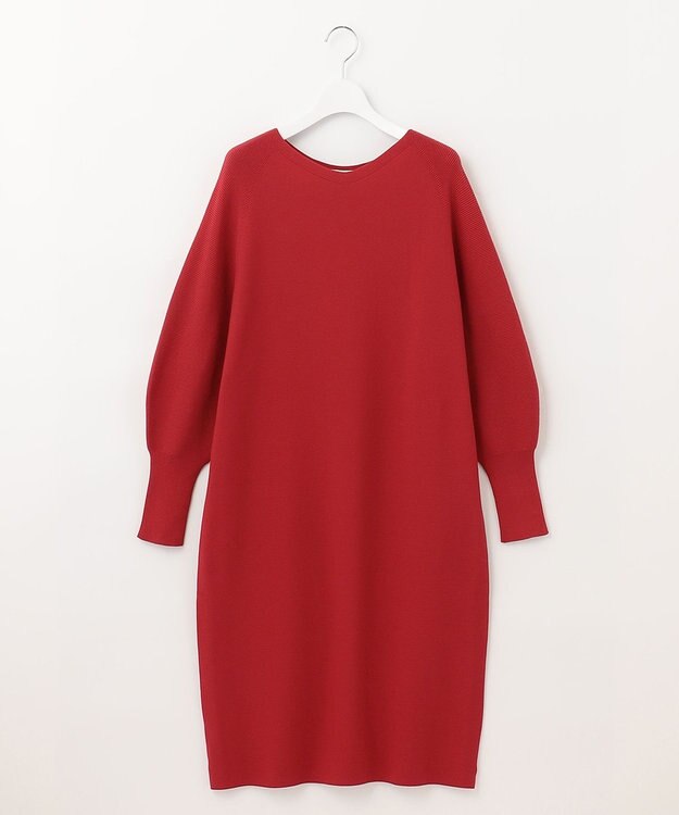 自由区 【洗える】コットンストレッチホールガーメント ニットワンピース レッド系