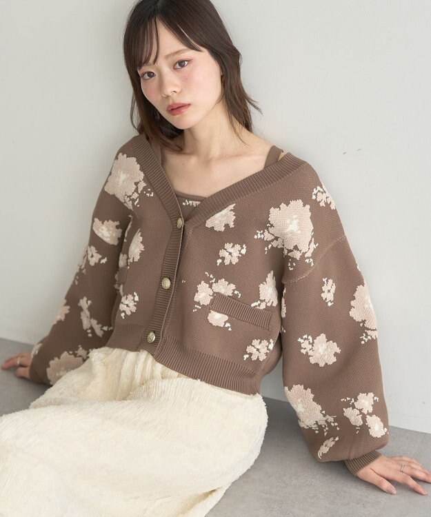 earth music&ecology SET2点フラワージャガードカーデ+ビスチェ Brown