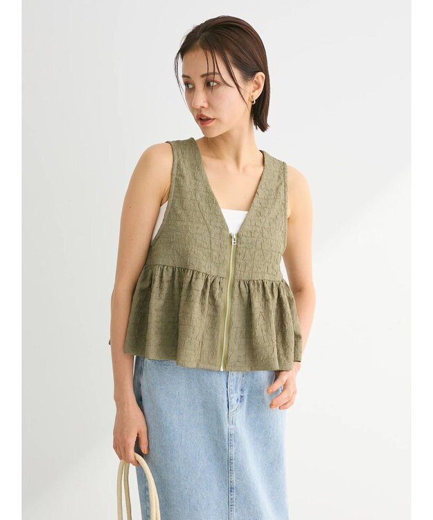 Green Parks ジャガードペプラムＺｉｐベスト Khaki