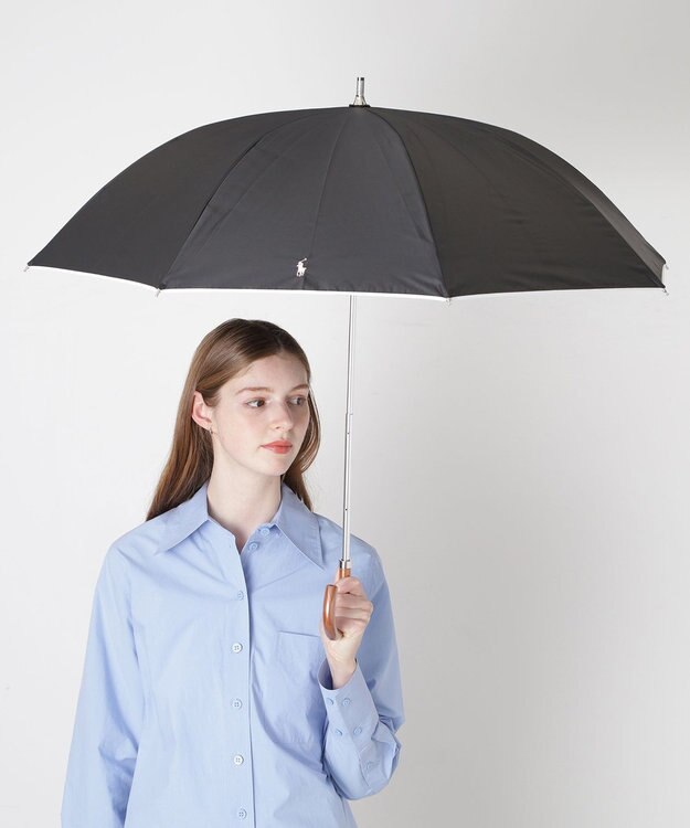 MOONBAT 【WEB限定/遮光率100%/遮熱/UV】POLO RALPH LAUREN（ポロ ラルフローレン）晴雨兼用日傘 無地 オーバーロック刺繍 長傘 ブラック