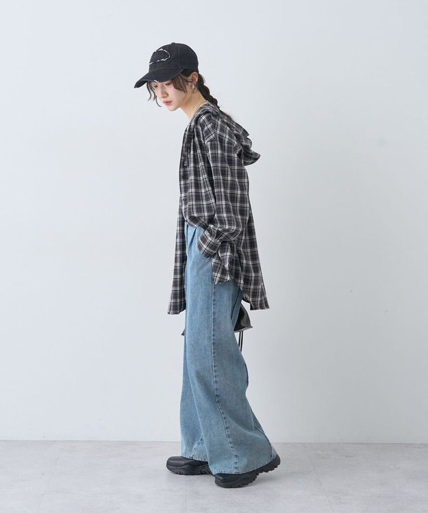 earth music&ecology フーディーチェックシャツ Black