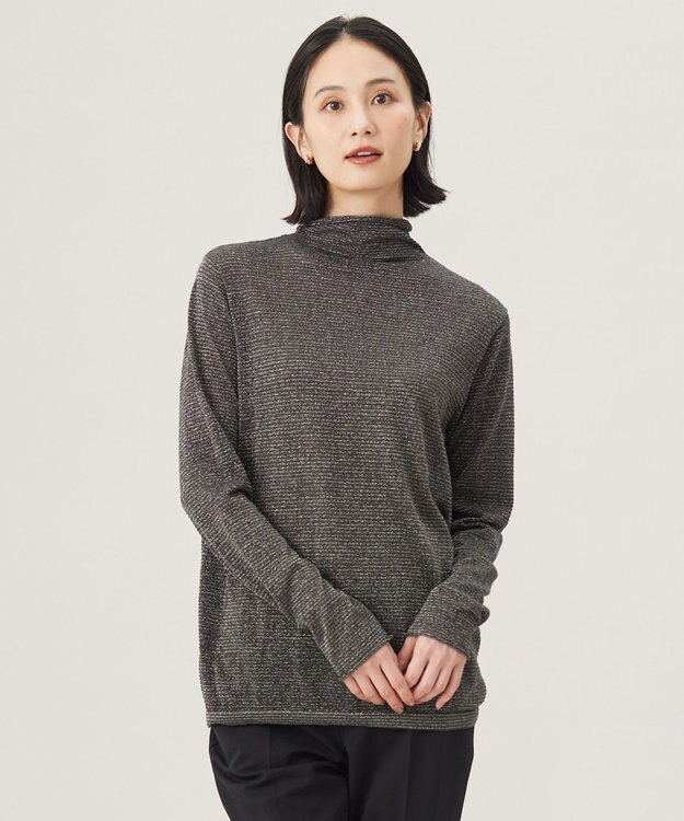 自由区 S 【洗える】ラメボーダー ニット チャコール×ゴールド