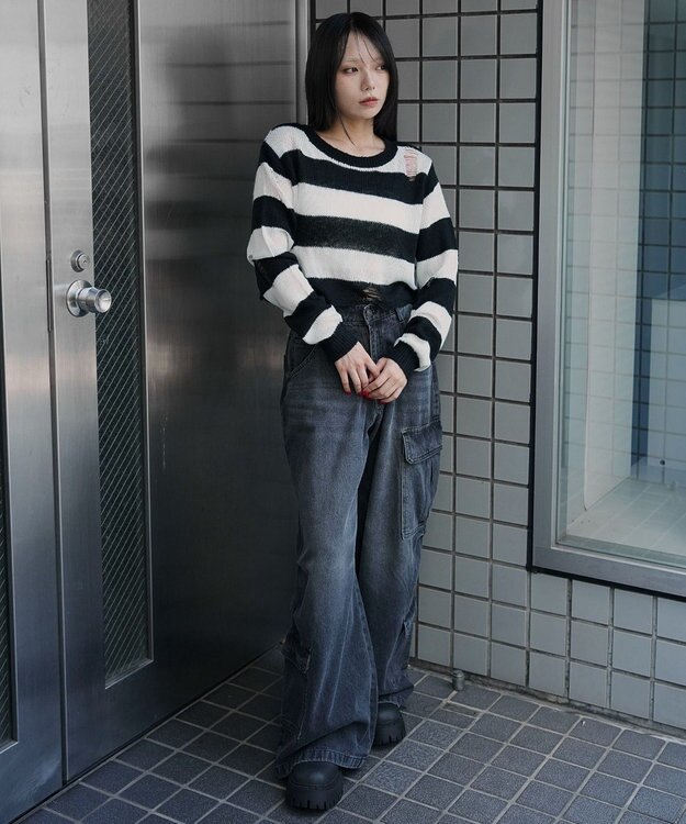 WEGO モヘアタッチダメージショートニット ホワイトボーダー