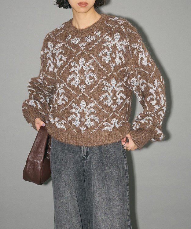 Green Parks ダマスク柄クルーネックニット Brown