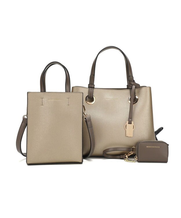 style code 【MERCURYDUO/マーキュリーデュオ】限定3点セット　①キーリング付両アオリハンドバッグ、②縦長ショルダーバッグパスポート入れ、③Wファスナースマートキーケース ゴールド