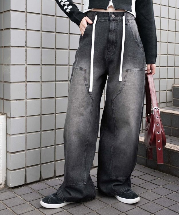 WEGO ヴィンテージウォッシュダブルニーバギーパンツ ブラック