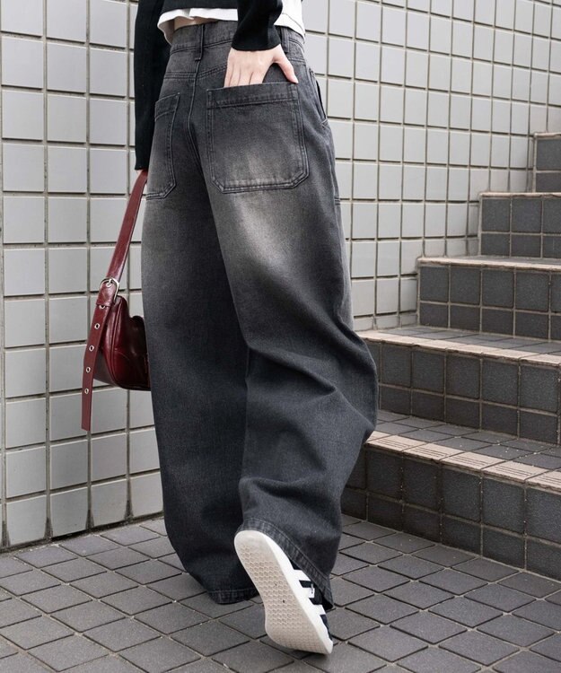 WEGO ヴィンテージウォッシュダブルニーバギーパンツ ブラック