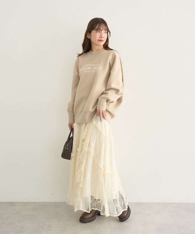 earth music&ecology 【洗濯機洗い可】スウェットライクロゴニットプルオーバー ライトベージュ