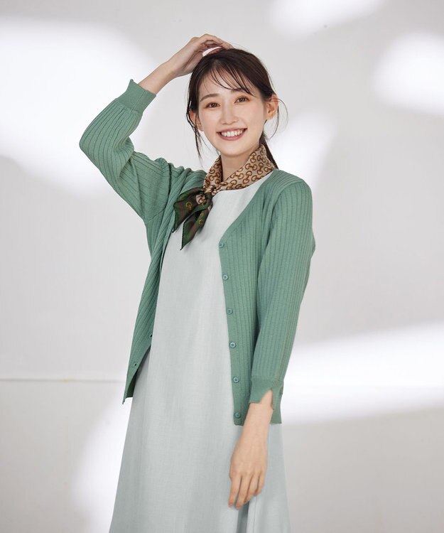 Tiaclasse 【洗える】スリット袖Vネックリブカーディガン グリーン