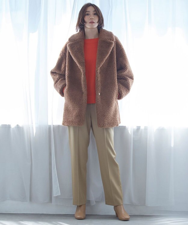 自由区 【洗える】ウォッシャブルハイカウントフラノ ストレートパンツ キャメル系