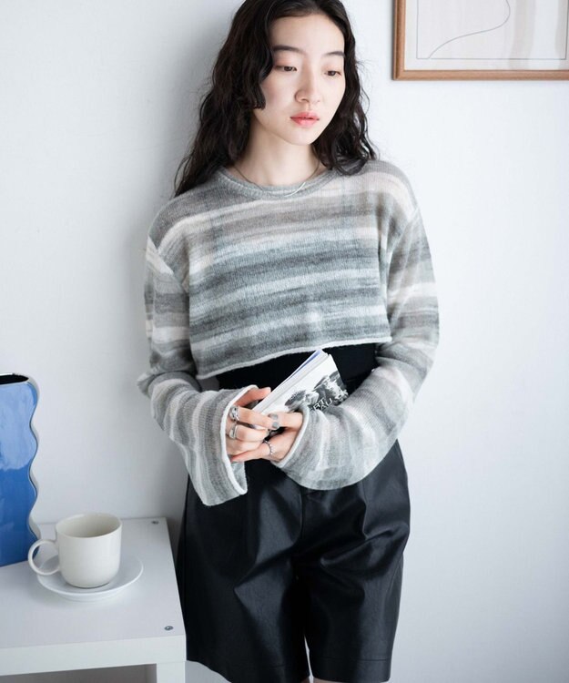 WEGO 段染めボーダーショートニット グレー