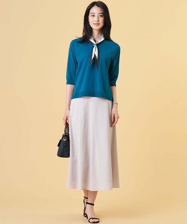 J.PRESS LADIES L 【2WAY・シーンレスに活躍】SCARF KNIT Vネック ニット ブルーグリーン×ネイビースカーフ系