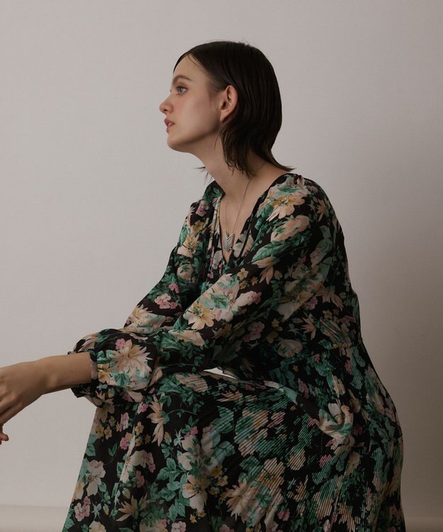 GRACE CONTINENTAL フラワープリントカフタンドレス ブラック