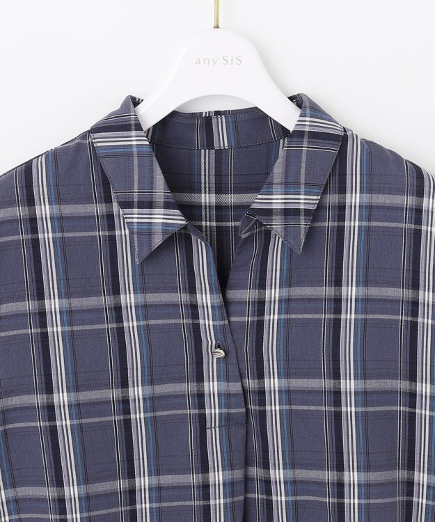 ANY SIS 【洗える】ピケチェック ブラウス ネイビー系