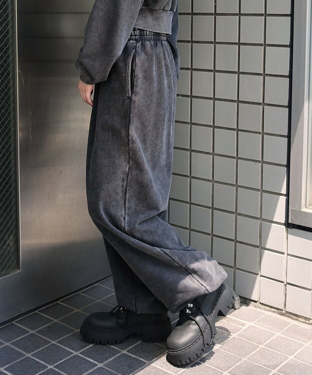 WEGO 【ウエストゴム】スウェットワイドパンツ スミクロ