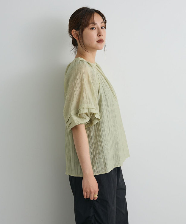 CRAFT STANDARD BOUTIQUE ストライプジャカードパフスリーブブラウス Light Khaki
