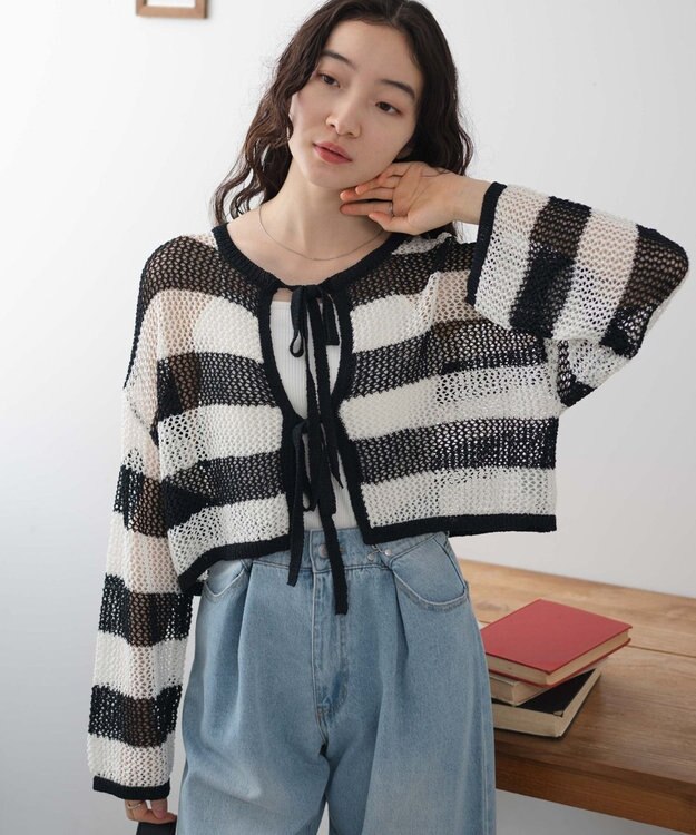 WEGO メッシュニットカーデ ブラックボーダー