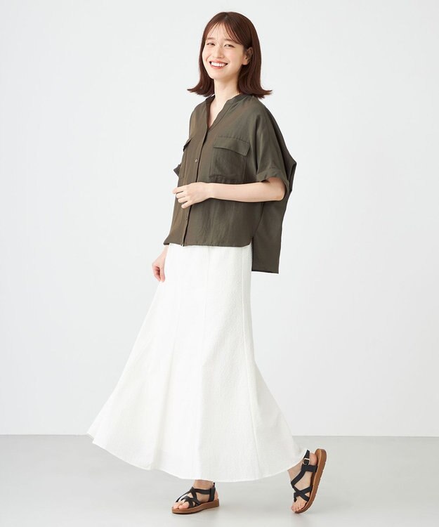 SHARE PARK LADIES 【洗える】ドルマンスリーブサテンシャツ カーキ系