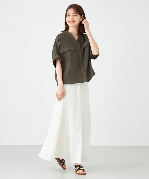 SHARE PARK LADIES 【洗える】ドルマンスリーブサテンシャツ カーキ系